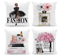 FCOZM 18x18 Pink Gold Throw Pillow Covers Fashion Women Girly Bed Decorative Pillow Covers Flower Perfume Lipstick Sofa Couch Pillow Covers Black White Accent Velvet Pillow Cases Set of 4