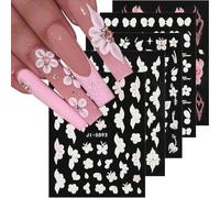Fcozpjk 5D Embossed White Flowers Nail Stickers, 5 Sheets Self-Adhesive Floral Nail Decals, Spring Rose Butterfly Nail Art, 3D Acrylic Flowers for Manicure Decor