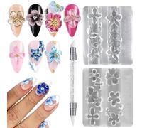 Fcozpjk Silicone Nail Art Molds, 2PCS 3D Flowers Nail Charm Molds with Carving Pen Clear Modeling Templates Hibiscus Flowers Cherry Blossom Design Mold for Resin Epoxy Professional Supplies