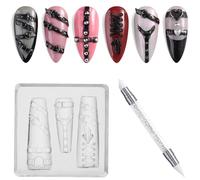 Fcozpjk Silicone Nail Art Molds, 3D Punk Nail Charms Mold Belts Heart Bows Mold with Carving Pen Clear Modeling Templates Gothic Decorations Manicure Stencil Resin Epoxy DIY Professional Supplies