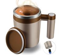 FCSWEET Self Stirring Mug,Rechargeable Auto Magnetic Coffee Mug with 2Pc Stir Bar,Waterproof Automatic Mixing Cup for Milk/Cocoa at Office/Kitchen/Travel 14oz Best Gift - Brown