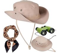 FCXVXCL 3 PCS Safari Costume Accessories Set, Explorer Zoo Keeper Costume, Safari Sun Hat, with Leopard Print Scarf Green Binoculars for Women Dress Up, Safari Outfit Accessories for Cosplay Party