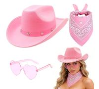 FCXVXCL 3PCS Cowboy Hat Cowboy Western Hat Fancy Dress Accessory Unisex Costume Set Heart Glasses and Scarf Cowgirl Costume Accessories for Halloween Bachelor Party Cosplay Pink