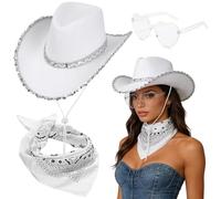 FCXVXCL Cowboy Hat Three Piece Set Black Cowboy Sequin Western Hat Paisley Bandana & Heart Sunglasses Cowgirl Costume Accessories for Halloween Bachelorette Party
