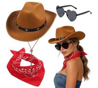 FCXVXCL Cowboy Hat Three Piece Set Blue Cowboy Sequin Western Hat Paisley Bandana & Heart Sunglasses Cowgirl Costume Accessories for Halloween Bachelorette Party