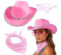 FCXVXCL Cowboy Hat Three Piece Set Pink Cowboy Sequin Western Hat Paisley Bandana & Heart Sunglasses Cowgirl Costume Accessories for Halloween Bachelorette Party