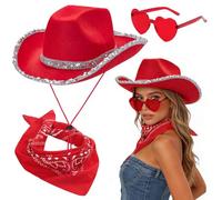 FCXVXCL Cowboy Hat Three Piece Set Red Cowboy Sequin Western Hat Paisley Bandana & Heart Sunglasses Cowgirl Costume Accessories for Halloween Bachelorette Party