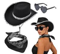 FCXVXCL Cowboy Hat Three Piece Set White Cowboy Sequin Western Hat Paisley Bandana & Heart Sunglasses Cowgirl Costume Accessories for Halloween Bachelorette Party