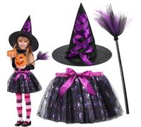 FCXVXCL Halloween Witch Skirt,3pcs Halloweens Outfits Witch Costumes Tutu Skirt Hat Witchs Broom for Kids Girls Halloween Fancy Dress Cosplay Costume,Purple 1
