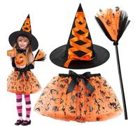 FCXVXCL Halloween Witch Skirt,3pcs Halloweens Outfits Witch Costumes Tutu Skirt Hat Witchs Broom for Kids Girls Halloween Fancy Dress Cosplay Costume Gift Orange