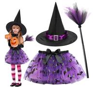 FCXVXCL Halloween Witch Skirt,3pcs Halloweens Outfits Witch Costumes Tutu Skirt Hat Witchs Broom for Kids Girls Halloween Fancy Dress Cosplay Costume,Purple 2