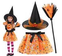 FCXVXCL Halloween Witch Skirt,3pcs Halloweens Outfits Witch Costumes Tutu Skirt Hat Witchs Broom for Kids Girls Halloween Fancy Dress Cosplay Costume,Orange