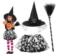 FCXVXCL Halloween Witch Skirt,3pcs Halloweens Outfits Witch Costumes Tutu Skirt Hat Witchs Broom for Kids Girls Halloween Fancy Dress Cosplay Costume,Silvery 1