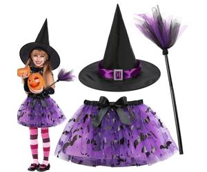 FCXVXCL Halloween Witch Skirt,3pcs Halloweens Outfits Witch Costumes Tutu Skirt Hat Witchs Broom for Children Girls Halloween Fancy Dress Cosplay Costume Purple