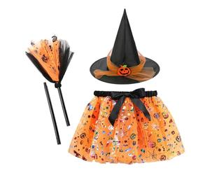 FCXVXCL Halloween Witch Skirt,3pcs Halloweens Outfits Witch Costumes Tutu Skirt Hat Witchs Broom for Kids Girls Halloween Fancy Dress Cosplay Costume,Orange