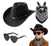 FCXVXCL Kids Cowboy Hat 3 PCS Cowboy Costume for Kids Accessories Children with Black Hat Scarf Heart Sunglasses for Halloween Christmas World Book Day Fancy Dress Up
