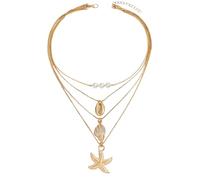 Fcyonixee Boho Beach Summer Ocean Layered Necklace Set for Women, Gold Seashell Starfish Charm with Faux Pearl & Chunky Irregular Pearl Choker, One Size, Metal, No Gemstone