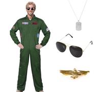 FCYQSD Men Pilot Costume Aviator Cosplay Outfit, Green Pilot Jumpsuit Accessory Set with Necklace Sunglasses Badge, Aviator Flight Fancy Dress Suit for Men Adult Halloween Cosplay Costume (XL)