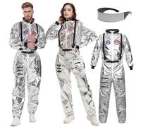 FCYQSD Men's Astronaut Costume Jumpsuit Adult Shiny Silver Space Suit with Embroidered Patches and Pockets Halloween Spaceman Costume (L)