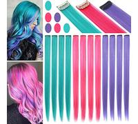 Fcysws 12PCS Colored Hair Extensions Clip in Kids,21 Inch Heat-Resistant Synthetic Straight Highlights Multi-Colors Hairpiece Gift Party Hair Accessories for Women Girls (Pink Teal Lavender)