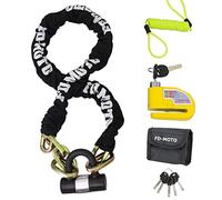 FD-Moto Black/White Chain Lock + Yellow Alarm Brake Disc Lock + 1.5M Cable | 1.2M*10mm Steel Motorbike Chain Lock Padlock and Yellow Alarm Brake Disc Lock (7mm Pin) and Pouch