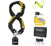 FD-Moto Black/Yellow Chain Lock + Yellow Alarm Brake Disc Lock + 1.5M Cable | 1.2M*10mm Steel Motorbike Chain Lock Padlock and Yellow Alarm Brake Disc Lock (7mm Pin) and Pouch