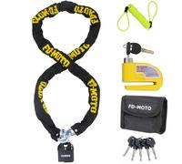 FD-Moto Black/Yellow Chain Lock + Yellow Alarm Brake Disc Lock + 1.5M Cable | 2M*10mm Steel Motorbike Chain Lock Padlock and Yellow Alarm Brake Disc Lock (7mm Pin) and Pouch