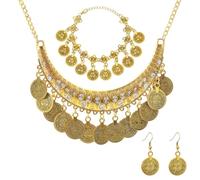 FDCGAS Indian Jewellery Costume Accessories, Gold Vintage Coin Jewellery Set of 4 for Pirates, Belly Dance Dress Up, Boho Style Necklaces, Earrings for Women and Girls, Accessory, Theme Party