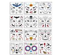 FDCGAS Steampunk Face Tattoo, 12 Sheets of Make-Up Tattoos, Skull Skeleton, Face Tattoo, Carnival, Halloween Masquerade, Carnival Costume, Day of the Dead Costume Accessories, Men and Women