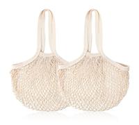 FdcLixuvol 2 Pack Reusable Cotton Mesh Farmers Market Bag, Grocery Tote Net Bag, Washable Durable Portable Net String Produce Shopping Bags with Long Handle for Fruits, Vegetables, Shopping (Beige)