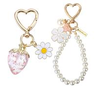 FdcLixuvol 2 Pcs Pink Cute Strawberry Keychain Bag Charm, Purse Charms Flower Cherry Blossom Pearl Heart Keychain Charms Strawberry Accessories Decor for Women, Girls, Handbags