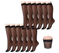 FdcLixuvol 6 Pairs Women's Sheer Knee High Stockings, Black Polka Dot Pattern Socks with Anti-Slip Adhesive Dots, Stretchy Breathable Nylon Retro Vintage Style for Summer Party Various Occasions