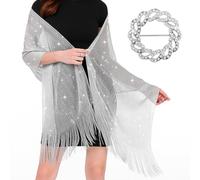 FdcZeyxior Silver Shawl, Sparkling Metallic Shawls and Wraps with Buckle, Women's Shawls and Wraps for Evening Dresses Glitter ShawlsFringe Bridal Capelet for Bride and Bridesmaid