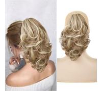 FDEETY 12 Inch Ponytail Extension Curly Ponytail Clip in Claw Hair Extension Natural Short Wavy Curly Pony Tail Hair Extension Synthetic Hairpiece for Women (Light Brown&Light Golden)