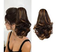 FDEETY 12 Inch Ponytail Extension Curly Ponytail Clip in Claw Hair Extension Natural Short Wavy Curly Pony Tail Hair Extension Synthetic Hairpiece for Women (Medium Brown&Light Golden)