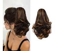 FDEETY 12 Inch Ponytail Extension Curly Ponytail Clip in Claw Hair Extension Natural Short Wavy Curly Pony Tail Hair Extension Synthetic Hairpiece for Women (Black&Tan)