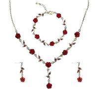 FDEETY 3 In 1 Red Rose Jewelry Set Drop Earrings Stud Earrings Flower Necklace Charm Bracelet Dangle Earrings Gift (Red)