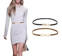 FDEETY Belts for Women Stretchy Skinny Waist Belt Fashion Stretchy Waistband with Buckle Elastic Belt for Dresses Coat Jeans (Black + Camel)