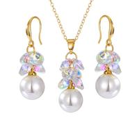 FDEETY Crystal Pearl Jewelry Set Pearl Pendant Necklace Earrings Set Costume Prom Wedding Jewellery for Women Girls (Gold-1)