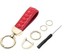 FDEETY Genuine Leather Car Keyring Sheepskin Hand Braided Car Keychain With Detachable Keyring Universal Woven Rope Metal Key Chain Accessories with Anti-lost D-Ring(Red)