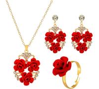 FDEETY Rose Jewellery Set Vintage Fashion Red Rose Necklace Earrings Ring Sets Hypoallergenic for Girls Bride Wedding Valentine's Day Gifts