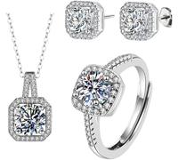 FDEETY Jewellery Set for Women 925 Sterling Silver Pendant Necklace Ring and Earrings Set White Cubic Zirconia Crystal Jewelry Set Gifts for Wedding Engagement Birthday Gift (Cube)