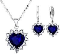 FDEETY Jewellery Set for Women Crystal Heart Pendant Necklace Earrings Set Wedding Prom Jewelry Birthday Gifts (Blue)