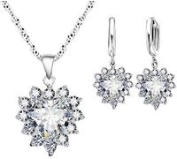 FDEETY Jewellery Set for Women Crystal Heart Pendant Necklace Earrings Set Wedding Prom Jewelry Birthday Gifts (White)