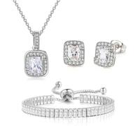 FDEETY Jewellery Set for Women Cubic Zirconia Bridal Pendant Necklace Bracelet and Earrings Set Gifts Wedding Bride Bridesmaids (Silver)