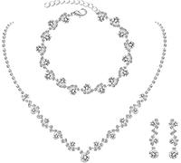 FDEETY Jewelry Set for Women Rhinestone Necklace Bracelet Dangle Earrings Set Bridal Wedding Jewelry Prom Costume Accessories (Silver)