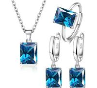 FDEETY Jewelry Sets for Women Rhinestone Crystal Necklace Adjustable Ring Drop Dangle Earrings Set Gifts Bridesmaid Costume Dress Prom Jewelry Sets (Blue)
