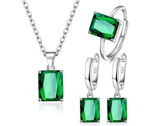 FDEETY Jewelry Sets for Women Rhinestone Crystal Necklace Adjustable Ring Drop Dangle Earrings Set Gifts Bridesmaid Costume Dress Prom Jewelry Sets (Green)