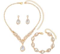 FDEETY Jewelry Sets for Women Rhinestone Necklace Bracelet Dangle Earrings for Bride Bridesmaid Crystal Cubic Zirconia Bridal Wedding Jewelry (Gold)