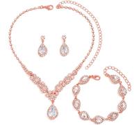 FDEETY Jewelry Sets for Women Rhinestone Necklace Bracelet Dangle Earrings for Bride Bridesmaid Crystal Cubic Zirconia Bridal Wedding Jewelry (Rose Gold)